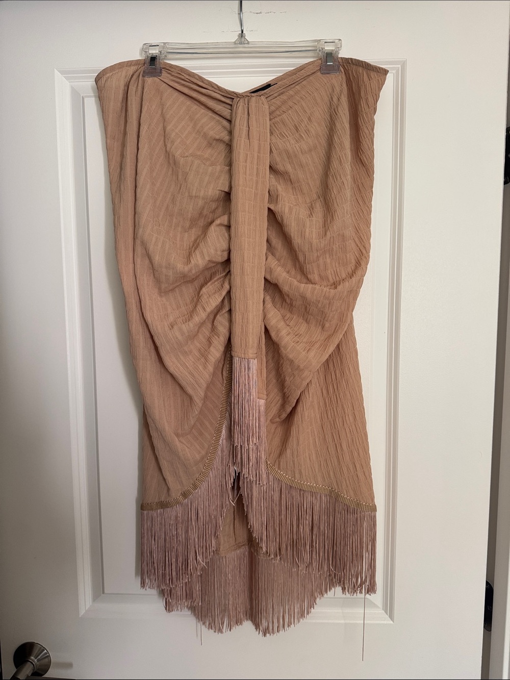 PrettyLittleThing Mauve Blush Strapless Fringe Dress
